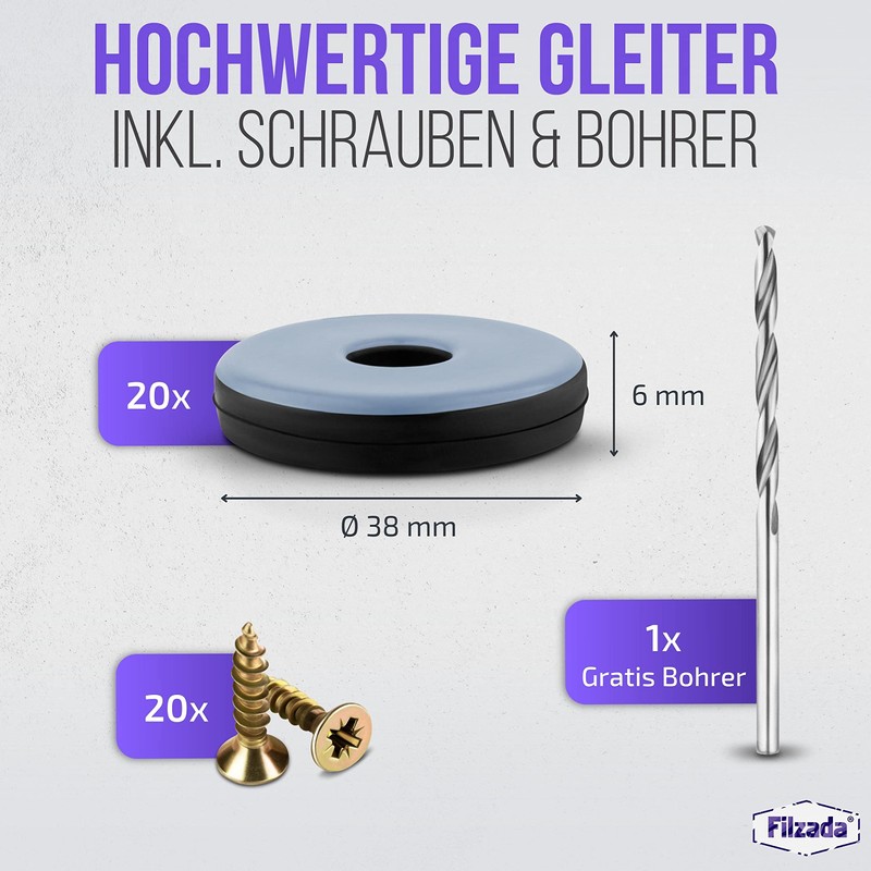 Filzada® 20 x Teflon Gliders for Screwing – Diameter 38