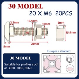 20 Sets T Bolt Kit, Hammer Head T-Bolt set, Contains T-shaped stud and M5 Flange Nut, Applies to 30 Series European Standard Aluminum Profile (30 Series M6)