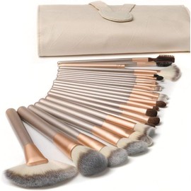 LOIVIYA 18pcs Professional Makeup Brushes Set with Travel Case Wooden Handle Kabuki Brush Synthetic Fiber Foundation Blush Eyeshadow Soft Power