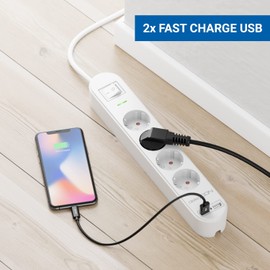 deleyCON deleyCON 5m 4 Fach Steckdosenleiste mit USB Stromleiste 4X Schutzkontaktbuchsen 2X USB-A Ladebuchse f1r z.B. Handy & Tablet 1berspannungsschutz EIN/AUS Schalter Wei?