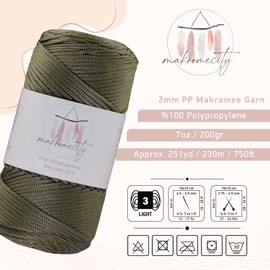 Makromecity 2 Skeins Macrame Yarn 2 mm x 230 m, Premium Polyester Macrame Cord, Polypropylene Yarn for Crafts, Home Decorations, Place Mat, Shoulder Bag, Handbag, Runner, Comforter, Chain, 20 Colours