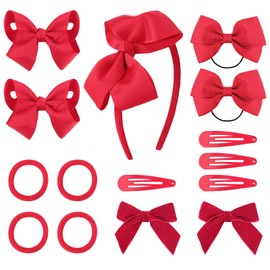 BQUBO Red Hair Bow Hair Ties Headband Set, 15 Pcs Red Velvet Hair Bows Hair Clips Elastic Hair Ties Bow Headband School Uniform Hair Accessories Set for Toddlers Kids Girls