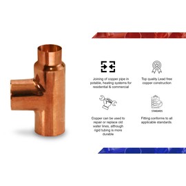Supply Giant DDSU1510 Reducing Tee Fitting with Solder Cups for Cop, 1-1/2 X 1 X 1-1/2, Copper