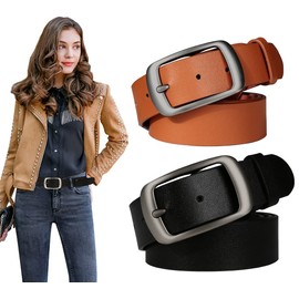 Ssumday 2 Pack Women's Girl Female Ladies Black Brown Waist Leather Belts for Jeans Pants Dress Dresses with Fashion Pin Buckle(RZKBR-XL)