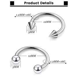 Tvalccoy F136 Titanium 16g Septum Piercing Ring Surgical Small Lip Rings Horseshoe Nose Ring 16 Gauge 12mm Spike Hoop Earrings Jewelry Internally Threaded