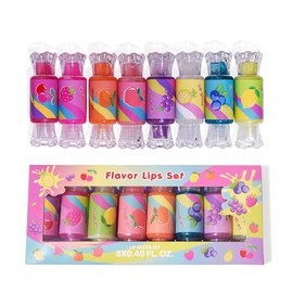Mebtmel- Lindo brillo de labios para niños, juego de 8 brillos de labios con purpurina para niñas con forma de caramelo, sabores surtidos Hydr        