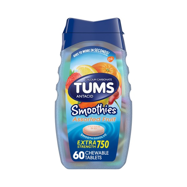 TUMS Smoothies Extra Strength Antacid Chewable Tablets for Heartburn Relief, Assorted Fruit - 60 Count