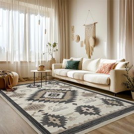 Area Rug 5x7 Western Rug Living Room Southwestern Aztec Rugs Machine Washable Tribal Navajo Southwest Rug Non Slip Printed Low-Pile Indoor Floor Carpet for Dining Room Bedroom Office, Beige