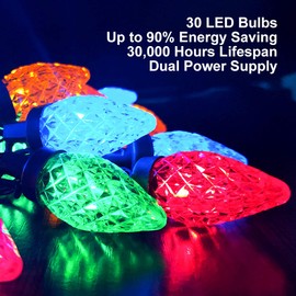 C7 LED Christmas Lights - Battery or USB Powered Christmas String Lights, 16ft 30 LED String Lights, Indoor Outdoor String Lights with Timer & 8 Lighting Modes for Xmas Wedding Party Decor, Multicolor