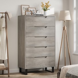 GarveeHome 5 Dresser for Bedroom, 50" Tall Dresser, Freestanding Vertical Drawer with Storage, Wooden Closet Chest Storage for Living Room, Hallway, Entryway, Ash Grey