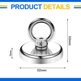 Magnets Strong Large 45 kg, Pack of 4 Neodymium Magnets Extra Strong 32 mm, Magnetic Fishing, Magnet with Eyelet, Magnets Strong Hold for Suitable Magnet Fishing in Home, Workshop, Water