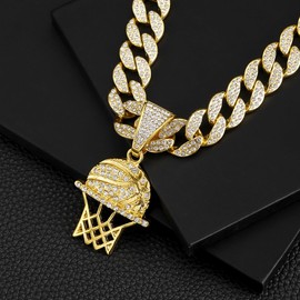 Generic Sports Basketball Pendant Necklace with Chunky Fake Diamond Cuban Link Chain for Men ,Bling Iced-out Charm Rhinestone Necklace Sparkly Hip-hop Cool Athletes Fashion Jewelry Gifts, Large