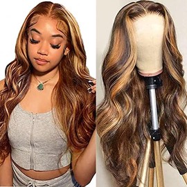 Highlight Lace Front Wig Human Hair Ombre 4/27 Brown Honey Blonde Body Wave Lace Frontal Wigs Human Hair Pre Plucked for Women 13x4 Hd Transparent Lace Front Colored Wig 180% Density 24 Inch