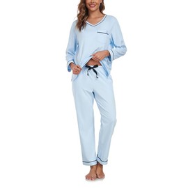 COLORFULLEAF Women's Long Pyjamas 100% Cotton Pyjamas Two Piece Lounge Set V-Neck Sleepwear Long Sleeve Loungewear, lightblue