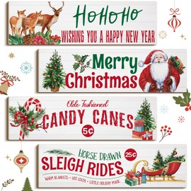 Spiareal 4 Pieces Vintage Christmas Wood Hanging Sign, Merry Wall Xmas Retro Winter Decorative Rustic Wooden Door Sign Plaque Ornament for Indoor Outdoor Holiday Classroom Home Decor