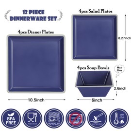 Square Melamine Dinnerware Sets， Durable Square Dinner Plates and Bowls Set,12-Piece Set Non-breakable Lightweight Dinner Tableware Sets, Service for 4