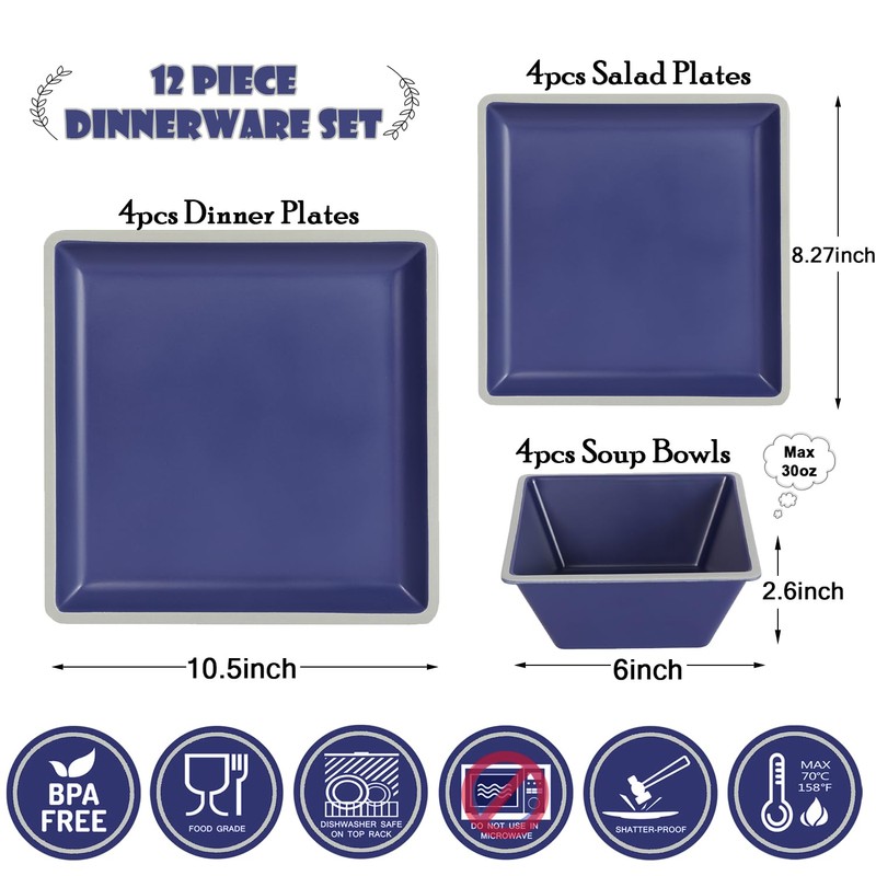 Square Melamine Dinnerware Sets， Durable Square Dinner Plates and Bowls
