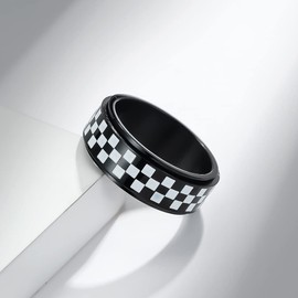 ANIEJUFI Anxiety Ring for Men Women Stainless Steel Spinner Rings 8mm Black and White Grid Racing Flag Design Stress Relief Jewelry, Black Size 12