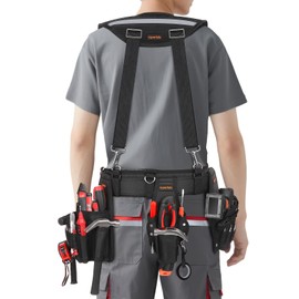 rubertyle Professional Tool Belts with Detachable Suspenders(Red & Black, Adjustable 32"-42" (Tool Belt with Shoulder Harness & Three Pouches)