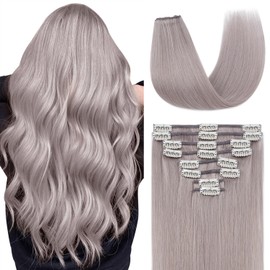 Clip in Hair Extensions Real Human Hair 22 Inch Human Hair Clip in Extensions GREY Hair Extensions Clip ins Double Weft 100% Real Human Hair Extensions 8 PCS 75g