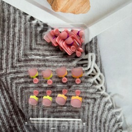 French Tip Press on Toe Nails Rose Pink Fake Toe nails with Colorful Designs False Toenails Square Glue on Toenails Yellow Blue Stick on Toe Nails Glossy Acrylic Toenails Full Cover Artificial Toenail