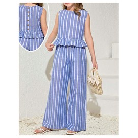 Floerns Girl's 2 Piece Outfit Striped Button Back Ruffle Hem Sleeveless Blouse with Pants Set Blue 8Y