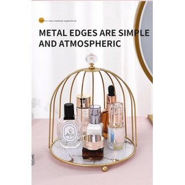 Bathroom Organizer Countertop | White Glass Marble Tray | Makeup, Perfume, and Storage Vanity | Birdcage Design | Gold Iron Decor (Single Tier)