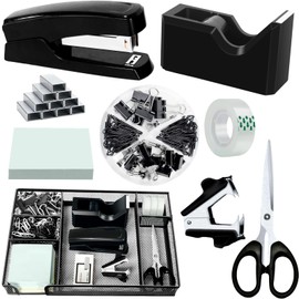 Black Office Desk Accessories, Black Office Supplies Set, Desk Drawer Organizer,Stapler and Tape Dispenser Set,Tape,Staple Remover, Staples, Paper Clips, Scissor and Sticky Note (Black)