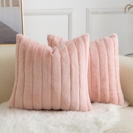 Joyouth Pack of 2 Faux Fur Throw Pillow Covers 18x18 Inch Striped Decorative Soft Plush Couch Pillow Case Home Decor for Bed, Sofa, Living Room Pink
