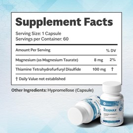 Objective Nutrients Thiamax Vitamin B1 (Thiamine TTFD) Capsules, No Fillers or Flow Agents, 100mg, 180 Count