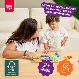 Nene Toys Holz-Steckspiel für Kleinkinder ab 2 Jahren - Mosaik Steckspiel für Kinder 2 3 Jahre - Montessori Spielzeug mit Bunten Knöpfen & Zuordnungskarten - Lernspiele für 2 jährige Jungen Mädchen