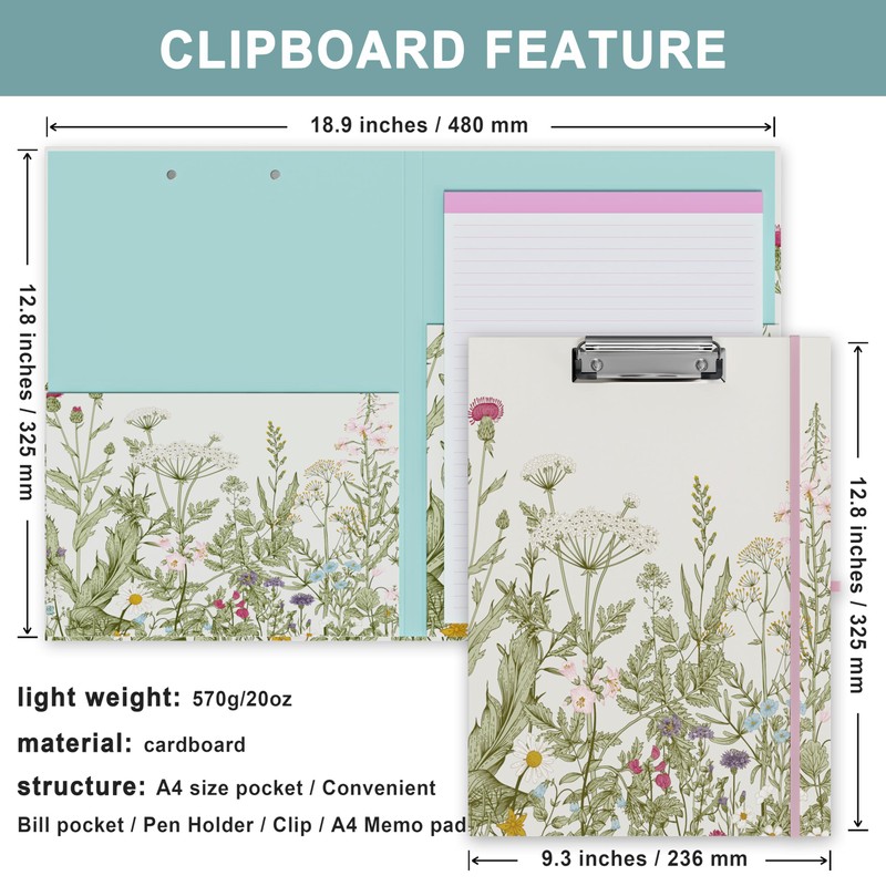Clipboard Folio with Refillable Lined Notepad, Low Profile Clip and