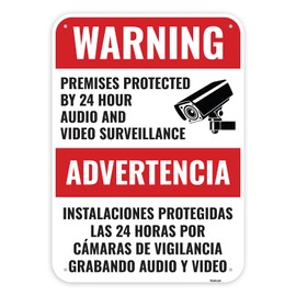 1PC Video and Audio Surveillance Recording Bilingual Sign, 14 x 10 Inches - Aluminum - You are Being Recorded Warning Camera Monitoring Property Protected Signs