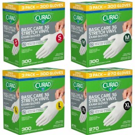 Curad Basic Care 3G Vinyl Exam Gloves, Small, Medium, Large, X-Large. 300 gloves - Large