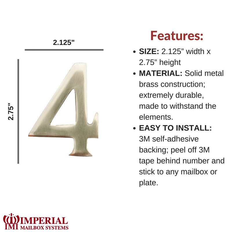 Self-Adhesive 3" inch Imperial Brass Mailbox Number # 4