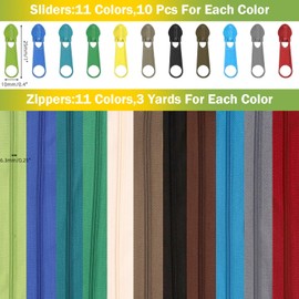 Keadic 121pcs #3 Sewing Zippers and Pull Sliders Assorted 11 Colors 30 Meters Nylon Spiral Zippers and Zipper Heads Dressmaking Accessories Set for Clothes, Bag, Purse