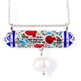 Pomegranate Mezuzah Jewish Necklace with Pearl 925 Sterling Silver Red Turquoise Enamel Blue Stars of David