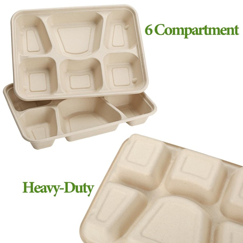 50 Pack 6 Compartment Disposable Paper Plates, Compostable Bagasse School