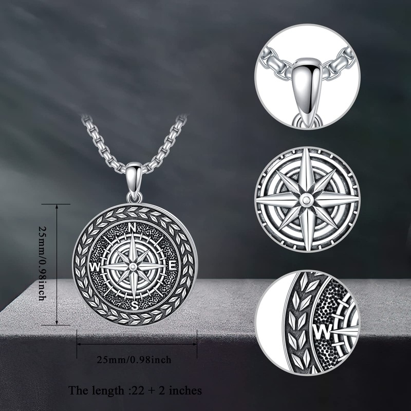 Shusukue Compass Chain 925 Sterling Silver Compass Pendant Necklace Oxidised