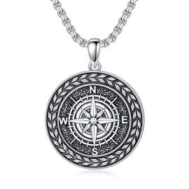 Shusukue Compass Chain 925 Sterling Silver Compass Pendant Necklace Oxidised Black Chain Compass Jewellery Gift for Men Boys, Sterling Silver