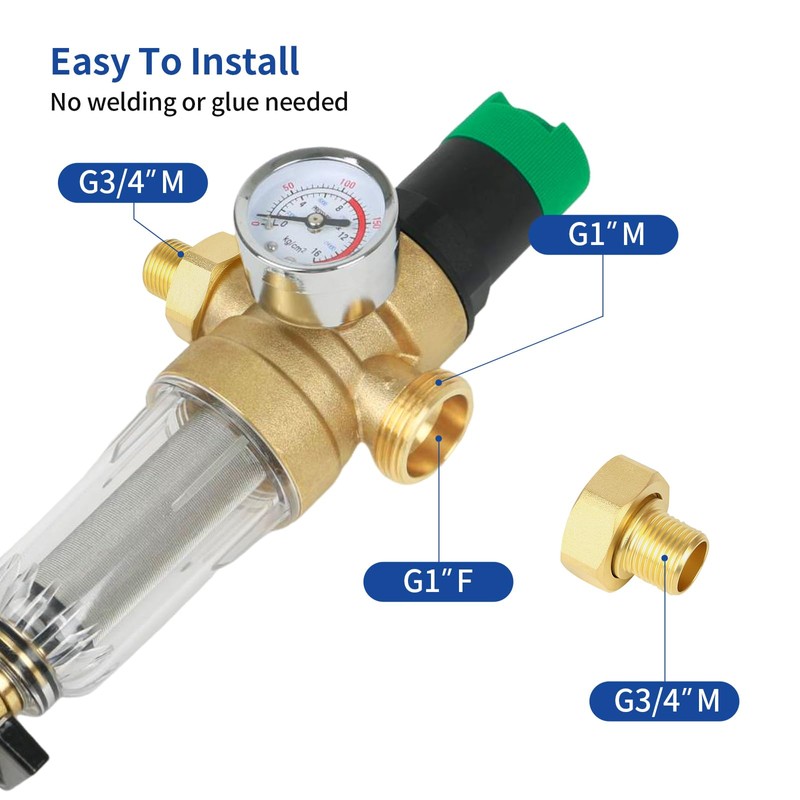Backwash Filter, Pressure Regulator Water Filter with Pressure Gauge, Water