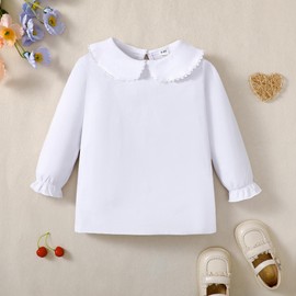 ZFZDRen 1-6Y Baby Ruffle Blouse Toddler Girl Peter Pan Lace Collar T-Shirts Kids Solid Color Long Sleeve Tee Girls Casual Top(White Long,5-6 Years)