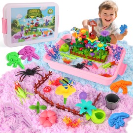 FIIOEOY Garden Sensory Bin, Play Sand Art Kit with Sensory Sand, Flower Garden Building Toy, Insect Figure & Gardening Tools, Sandbox Birthday Gift for Kids 3 4 5 6 7