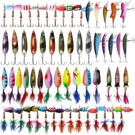 60pcs Spinnerbait Fishing Lures Kit Rooster Bait Tail Spinners Metal Spoon Lures with Treble Hooks Minnow Crankbait Bass Walleye Trout Salmon Fishing Tackle Kit