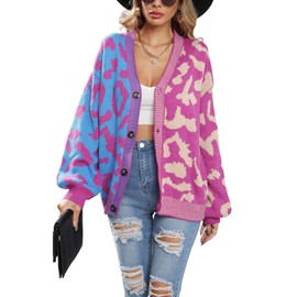 chouyatou Women's Color Block Leopard Print Button Down Long Sleeve Cardigan Sweaters (XX-Large, Purple)