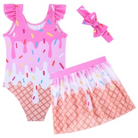 ALISISTER Little Girls Swimsuit Ice Cream 2 Piece Bathing Suits Size 6t with Cover Up Skirt Summer Beach Headband Swimwear
