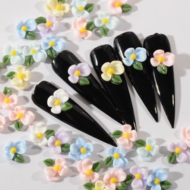 QIMYAR 50Pcs 3D Summer Flower Nail Art Charms for Acrylic Nails Art Decoration Mixed Colorful 4 Petals Resin Flower Charms Spring Floral Design for Women DIY Manicures Accessories Crafting