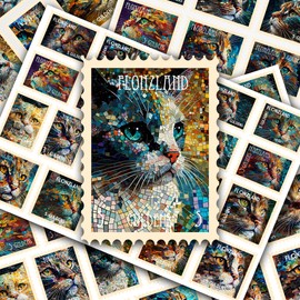 Post Stamps Stickers Set ~ Mosaic Cat Portrait Stamps: Intricate Feline Faces with Vibrant Colors and Detailed Artistic Patterns ~ FLONZ Vintage Decals for Craft