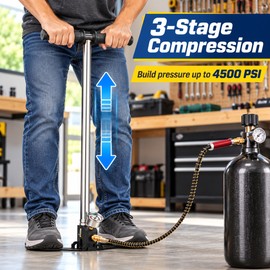 4500 PSI 3-Stage High Pressure Hand Pump with Gauge, 19.7 Inch Hose and Foldable Pedal
