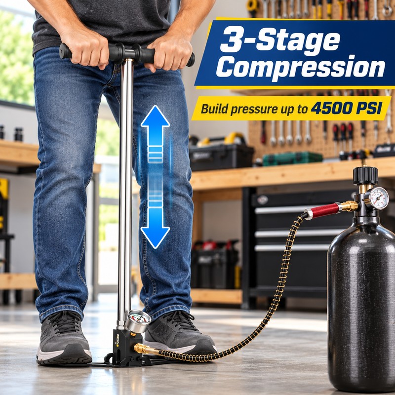 4500 PSI 3-Stage High Pressure Hand Pump with Gauge, 19.7